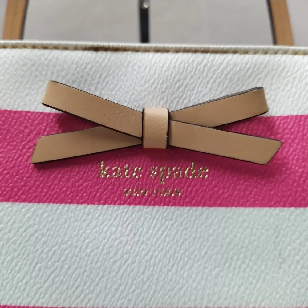 Kate Spade Pink Stripe Leather Trim Bow Double Handles Zipper Tote Shoulder Bag